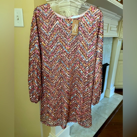 Multi sequin mini dress with detachable velvet/sequin sash belt - Picture 1 of 8